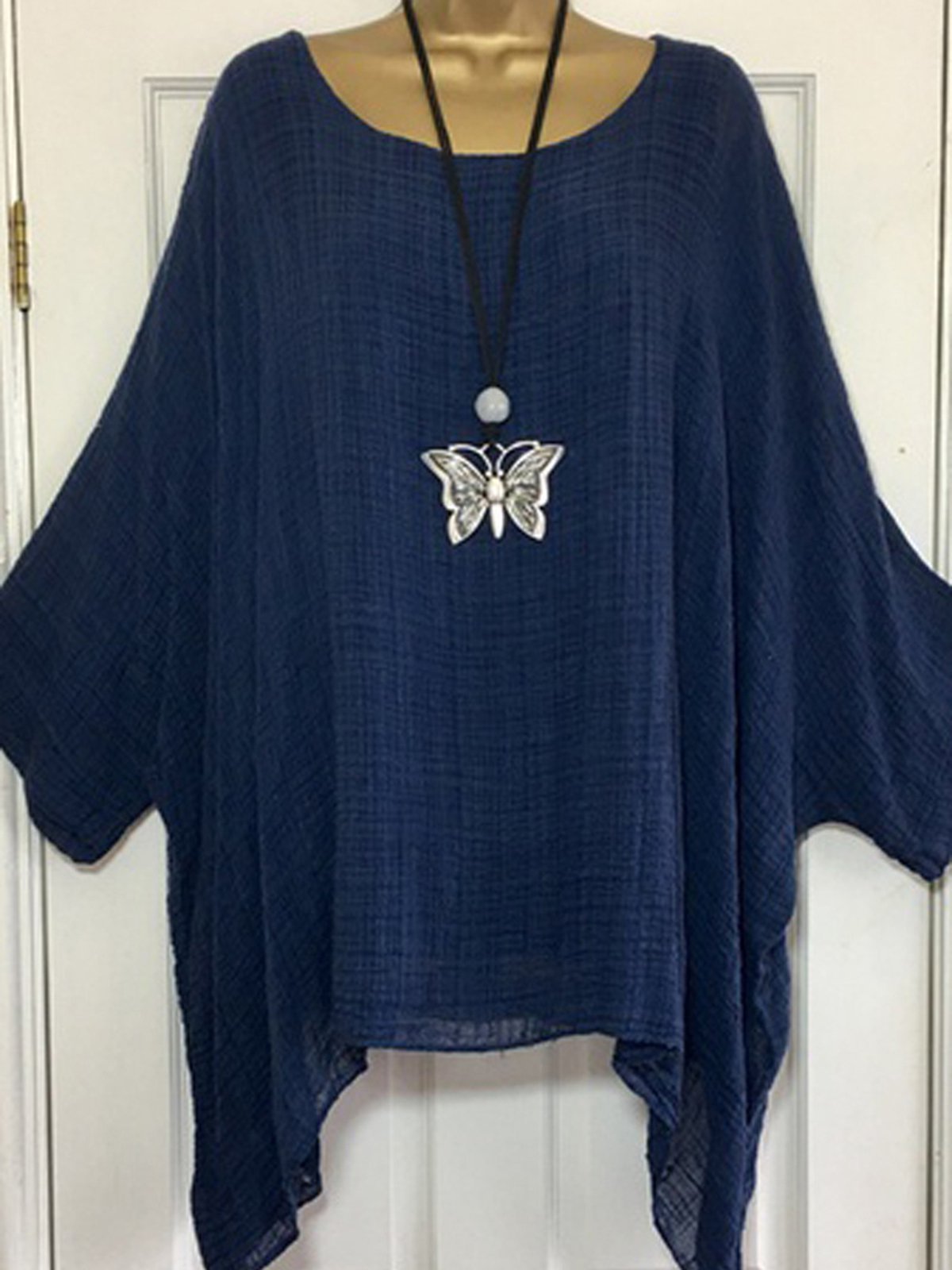 Cotton-Blend Loose Casual Solid Crew Neck Shirt & Blouses